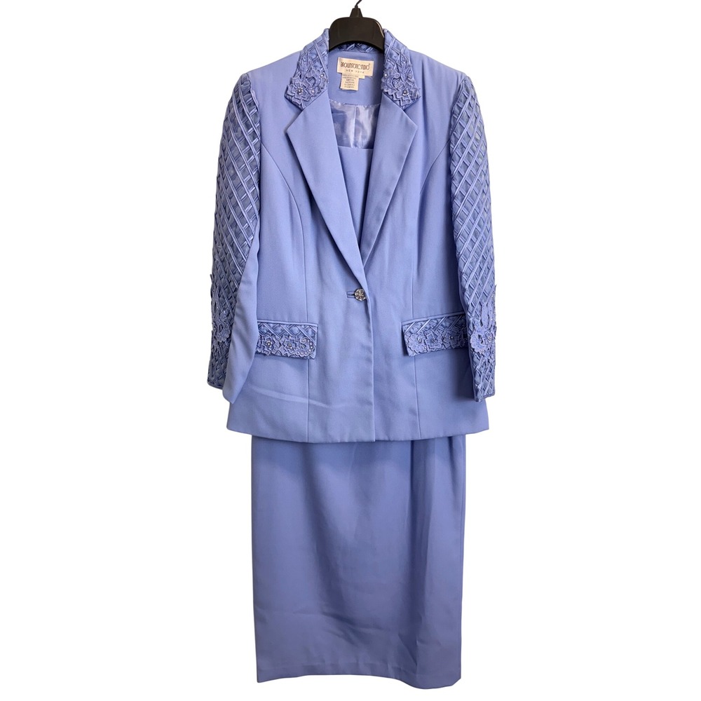 Brownstone Studio Periwinkle Blue 2 Piece Skirt Suit Set Lace Beaded Size 12